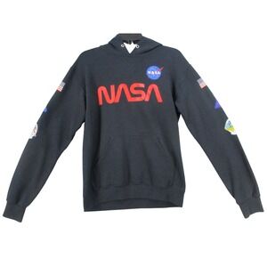 Bowery Supply Co Mens NASA Hoodie Black Worm Meatball Logo Sleeve Patches Small